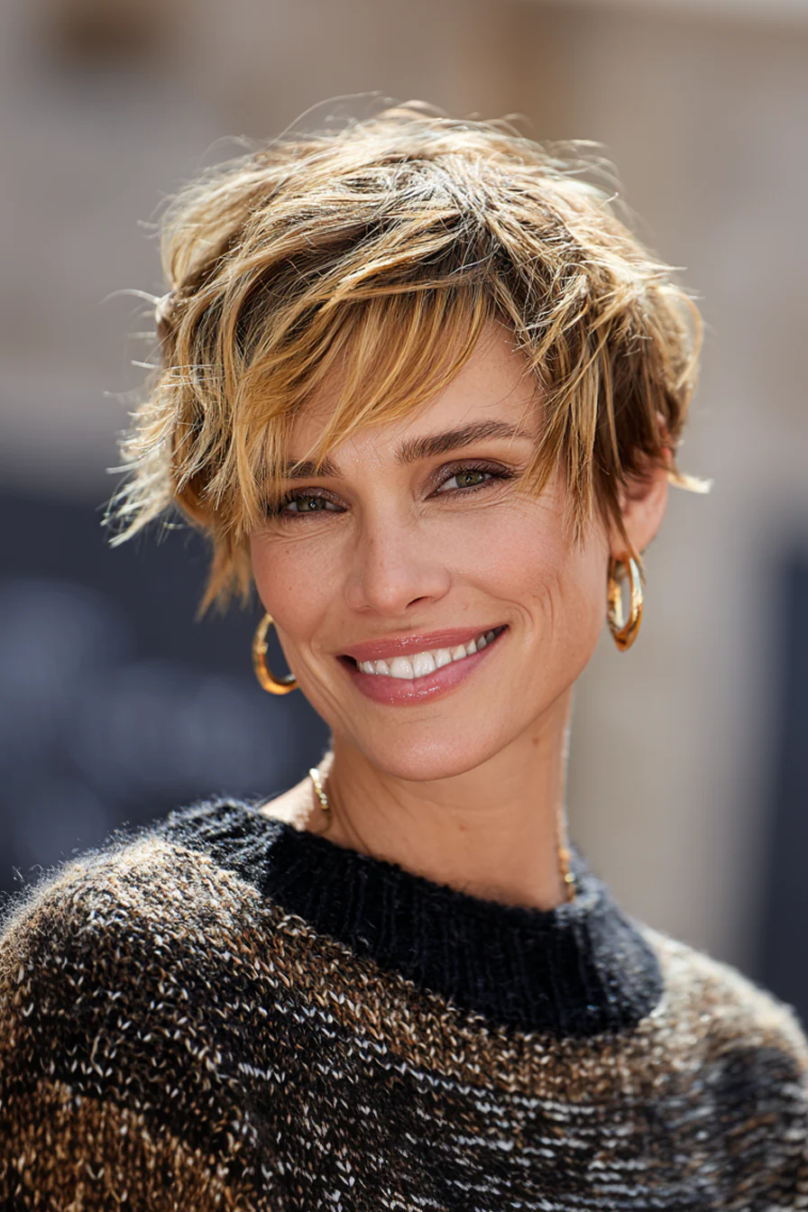 21. Abgehackter Pixie-Bob mit sanften Toffee-Highlights (Kurzhaarschnitte für Frauen über 40 mit feinem Haar) – Kurzhaarschnitte für Frauen über 40 mit feinem Haar