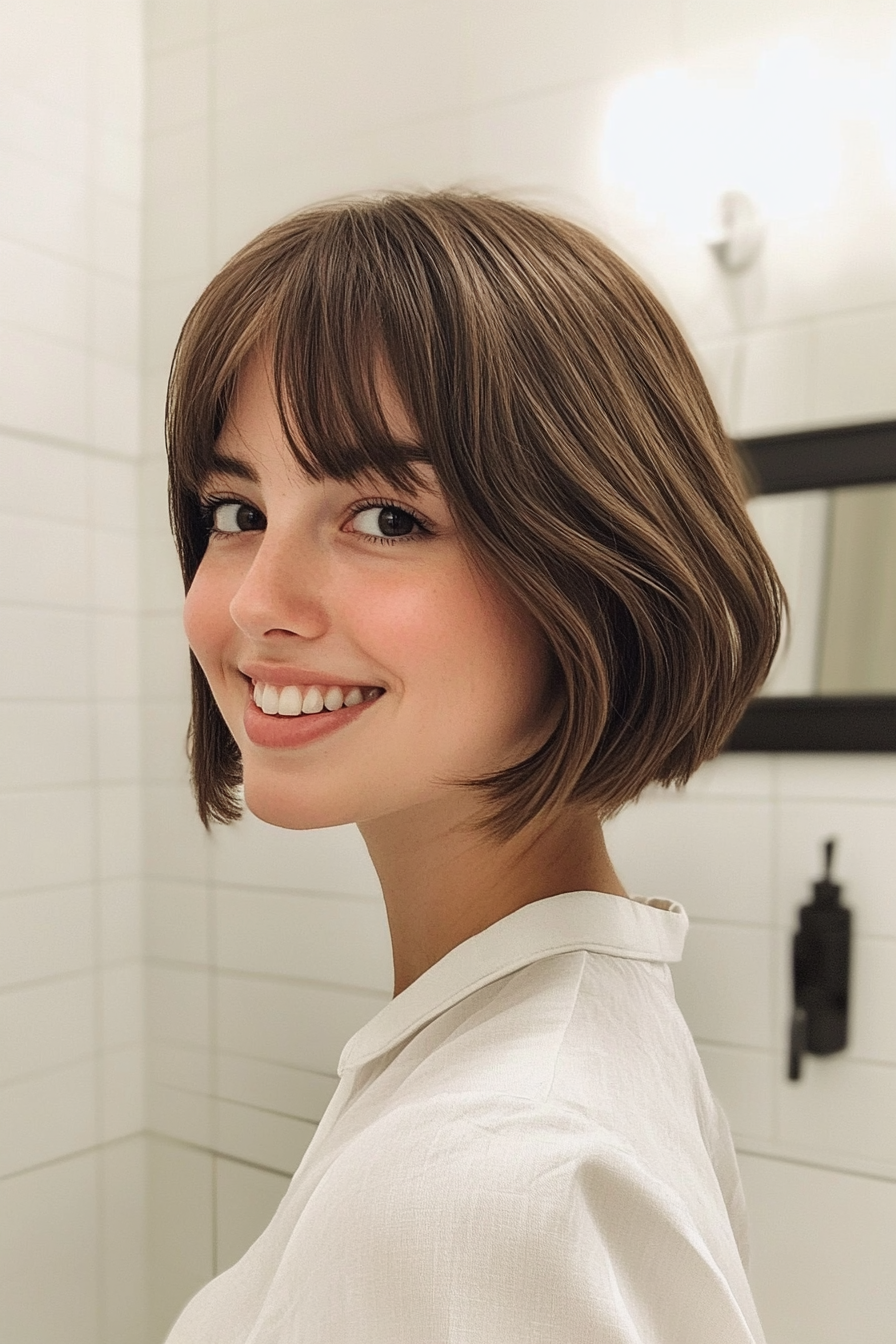 21. Klassischer Pageboy mit mittelbraunem Glanz (kurze Haarschnitte mit Vorhang Pony) - kurze Haarschnitte mit Vorhangbonden