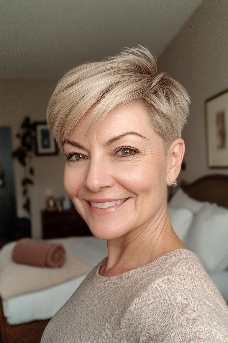 21. Klassische Pixie mit natürlichen blonden Finish (kurze Haarschnitte für Frauen über 50 mit dickem Haar) - kurze Haarschnitte für Frauen über 50 mit dickem Haar