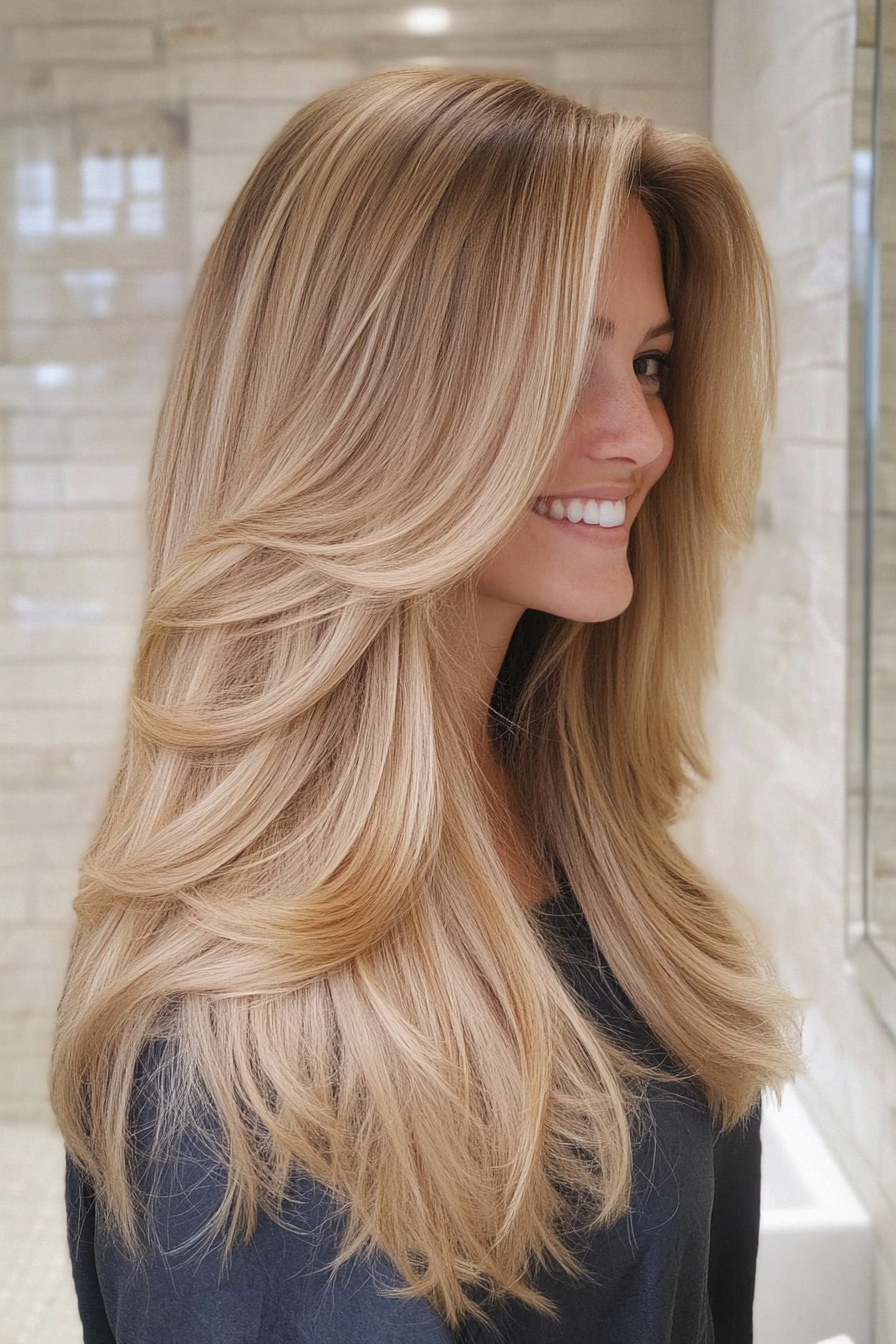 21. Cool beige blonde geschichtete geschnitten (lang geschichtete Haarschnitte) - lang geschichtete Haarschnitte