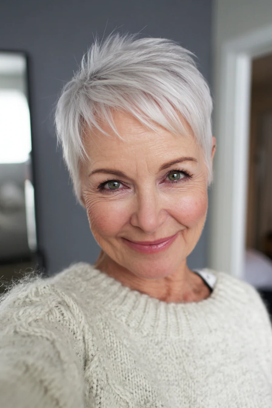 21. Hochgestufter Stufen-Pixie in Arktischem Weiß (Haarschnitte für Frauen über 60 mit schütterem Haar) – Haarschnitte für Frauen über 60 mit schütterem Haar