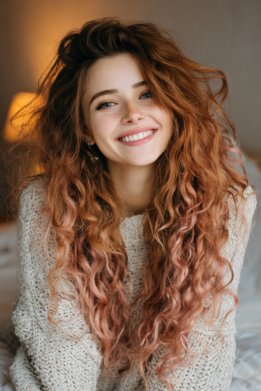 21. lockiger Schmetterling geschnitten mit Roségoldstaub (lange Haarschnitte für lockiges Haar) - lange Haarschnitte für lockiges Haar