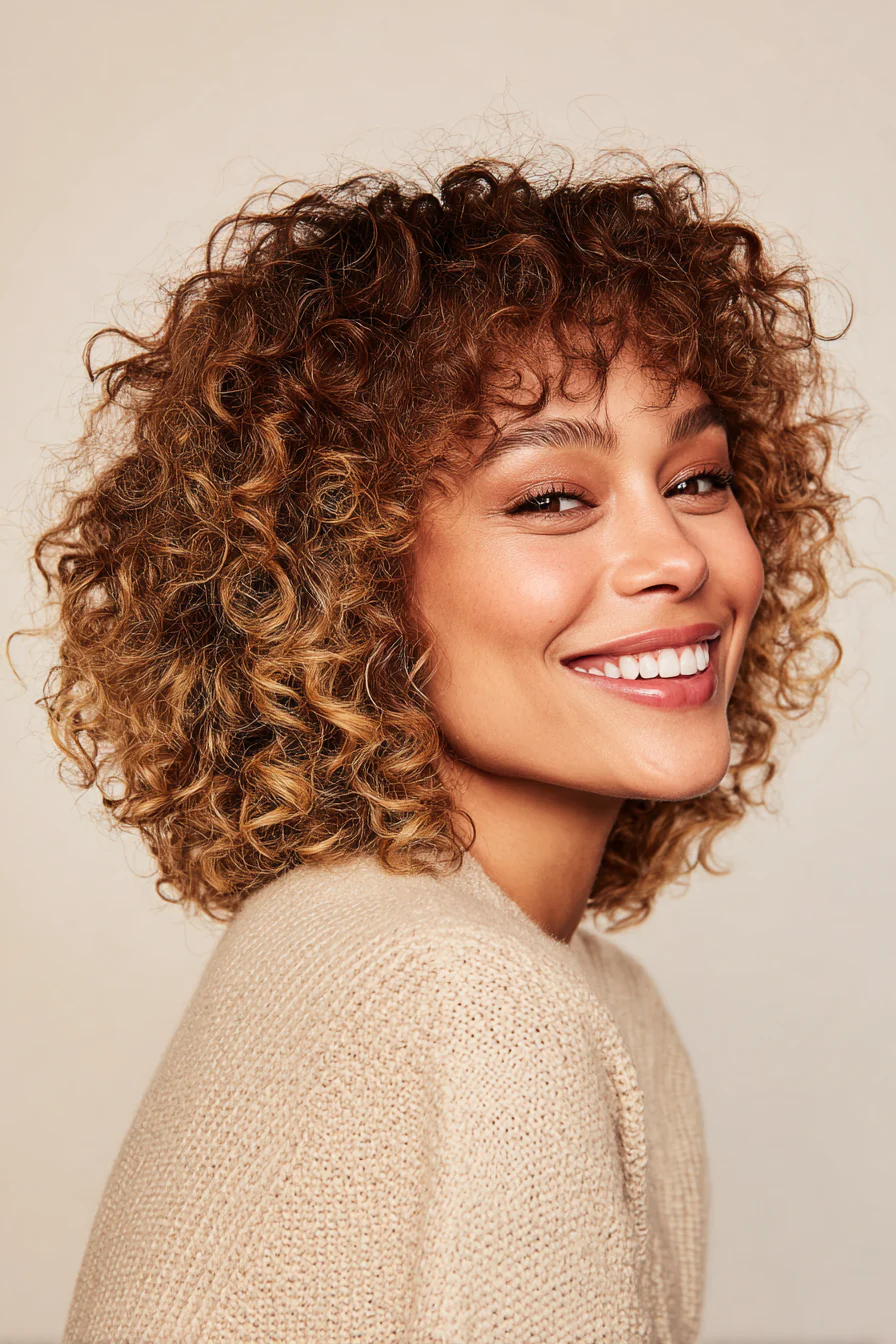 21. Lockiger, mittellanger Bob in Honigbraun schmelzen (Mittellange Haarschnitte für lockiges Haar) – Mittellange Haarschnitte für lockiges Haar