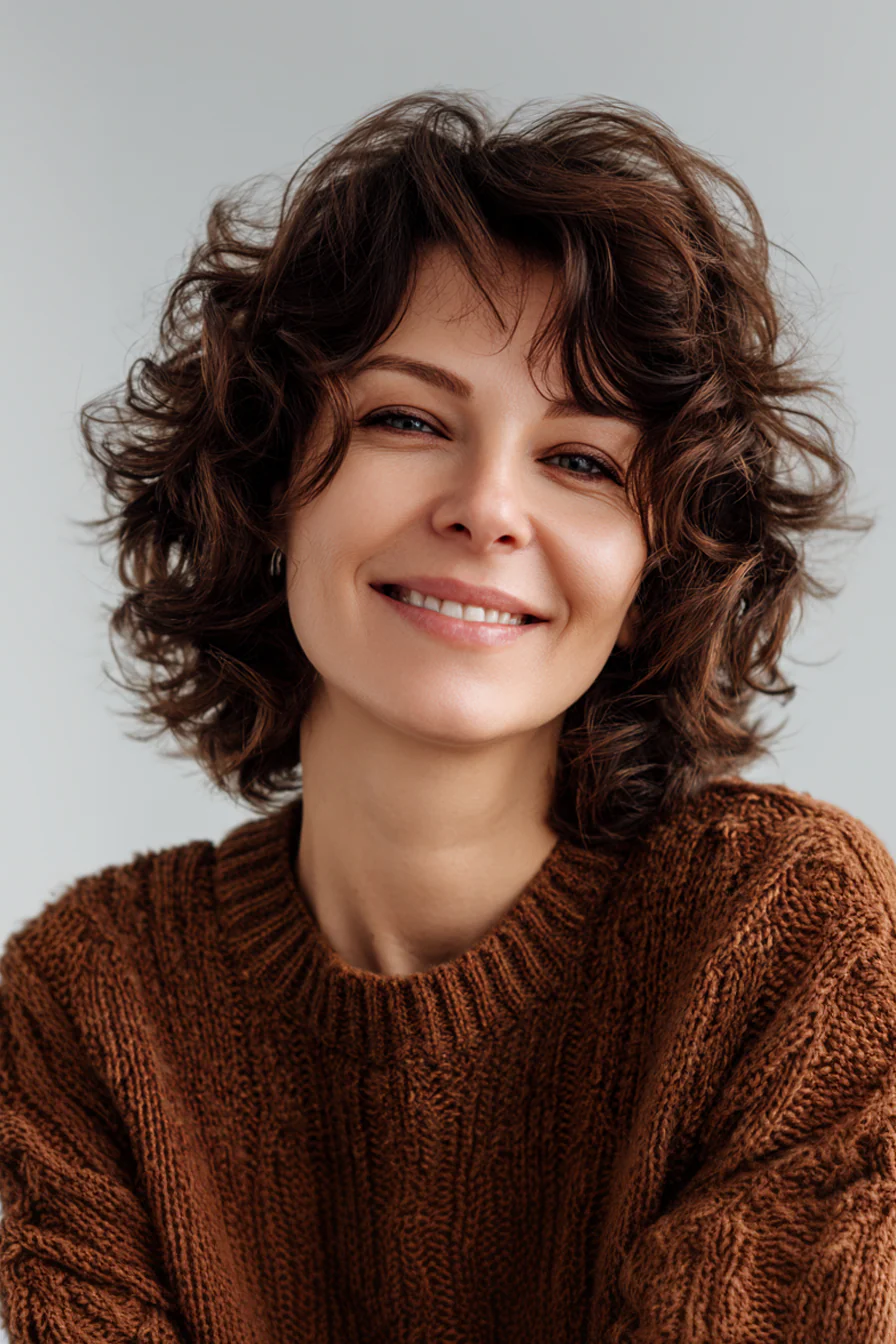 21. Lockiger Shag mit weichen Schichten (Dunkler Espresso) (Kurze gewellte Frisuren für Frauen über 40) – Kurze gewellte Frisuren für Frauen über 40