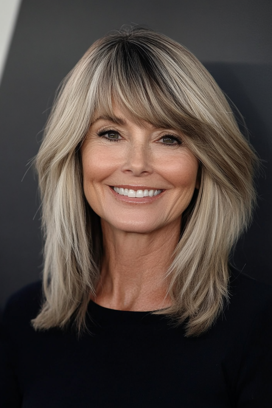 21. Dark Blonde Stumme Lob mit seitlich gefegten Pony (stumpfe Haarschnitte für Frauen über 60) - Stumpfe Haarschnitte für Frauen über 60