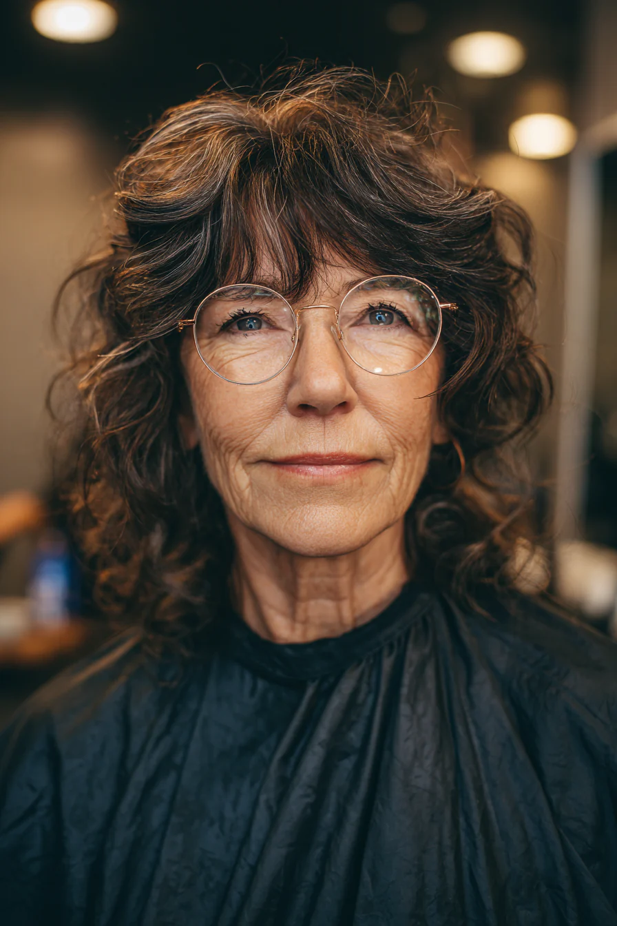 21. Dunkelbrauner gewellter Shag mit geschichtetem Pony (Frisuren für ältere Frauen mit Brille) – Frisuren für ältere Frauen mit Brille