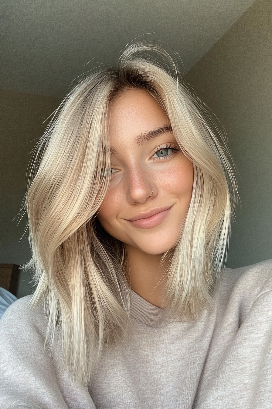 21. getrenntes LOB in eisigem Beige Blonde (Tribonbone Länge Haarschnitte) - Hackerlänge mit Trottel