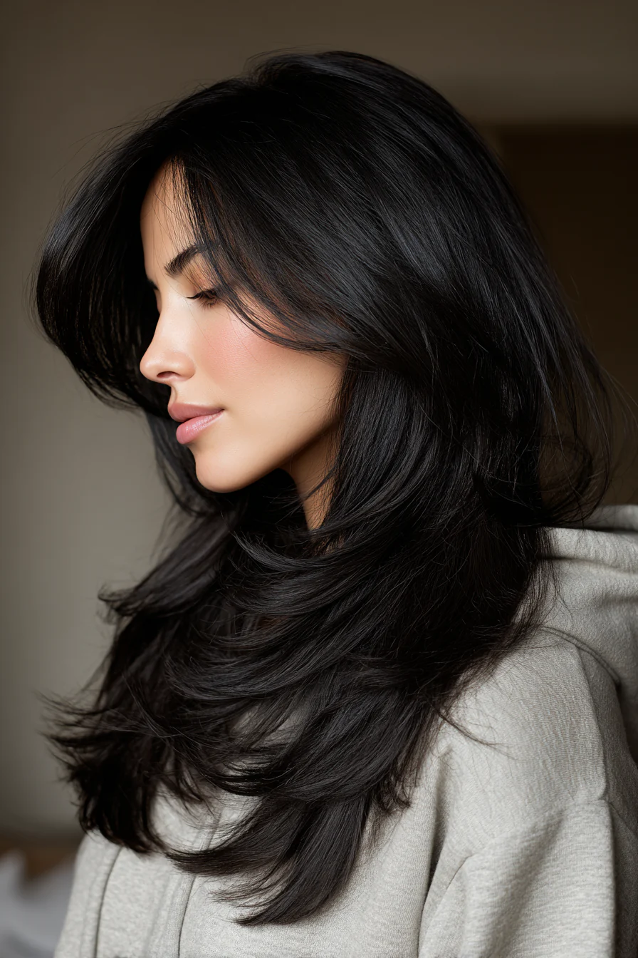 21. Drapierte Schichten mit weichem schwarzem Glanz (lange Stufenhaarschnitte für Damen) – Lange Stufenhaarschnitte für Damen