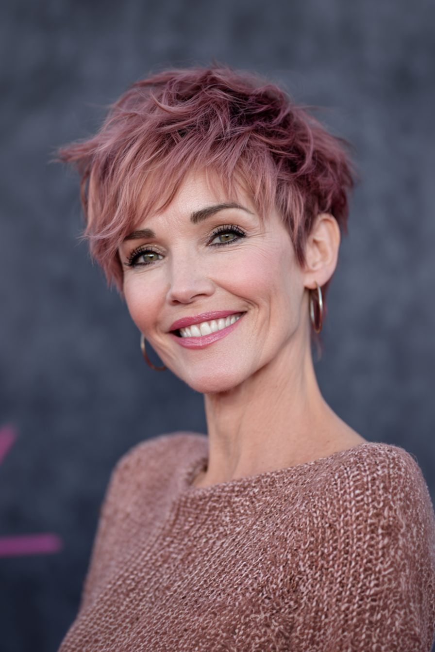 21. Dusty Rose Asymmetrische Pixie (Pixie -Frisuren für Frauen über 40) - Pixie -Frisuren für Frauen über 40