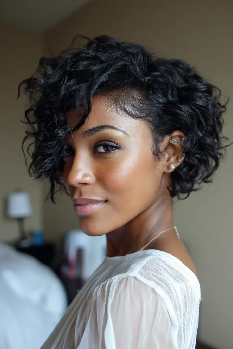 21. Ohrlange Locken mit weichem schwarzem Finish (Kurze asymmetrische lockige Haarschnitte) – Kurze asymmetrische lockige Haarschnitte 