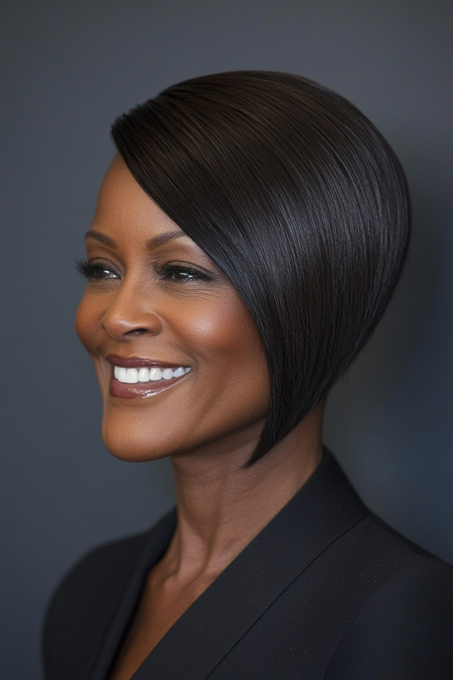 21. Ebony Straight Pixie mit elegantem Seitenweiter (kurze Frisuren für schwarze Frauen über 60) - kurze Frisuren für schwarze Frauen über 60