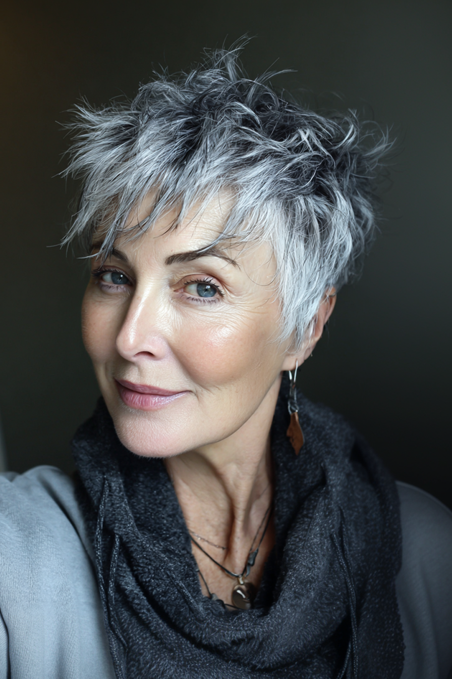 21. Ausgefallener, strukturierter Pixie mit stahlgrauer Tönung (Stufen-Pixie-Haarschnitte für Frauen über 60) – Stufen-Pixie-Haarschnitte für Frauen über 60