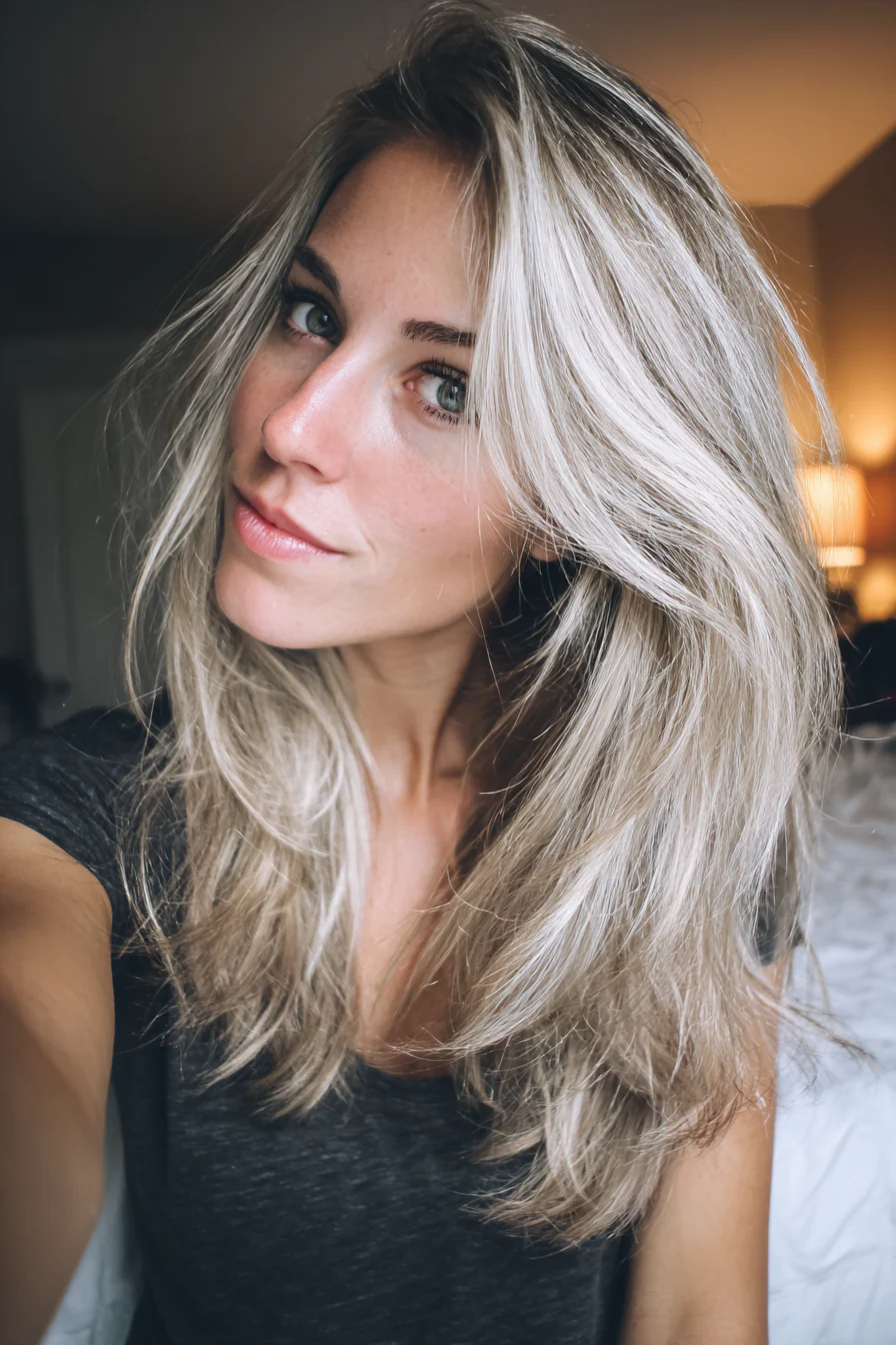 21. Gesichtsbetonte Stufen mit aschblonder Basis (Mittellange Stufenhaarschnitte) – Mittellange Stufenhaarschnitte