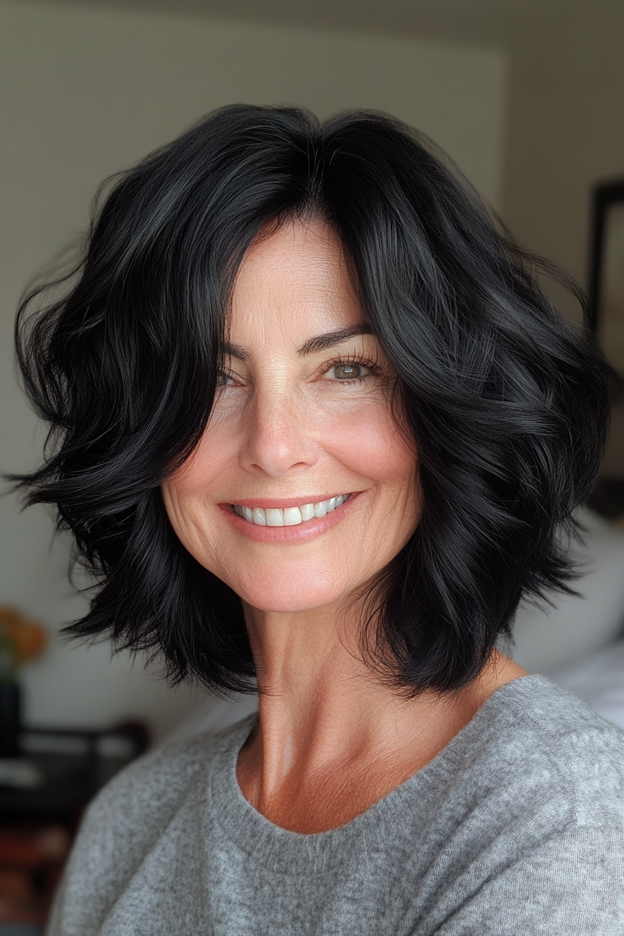 21. Federed Bob in tiefen Schwarz (Haarschnitte für Frauen über 60 mit welligen Haaren) - Haarschnitte für Frauen über 60 mit welligen Haaren