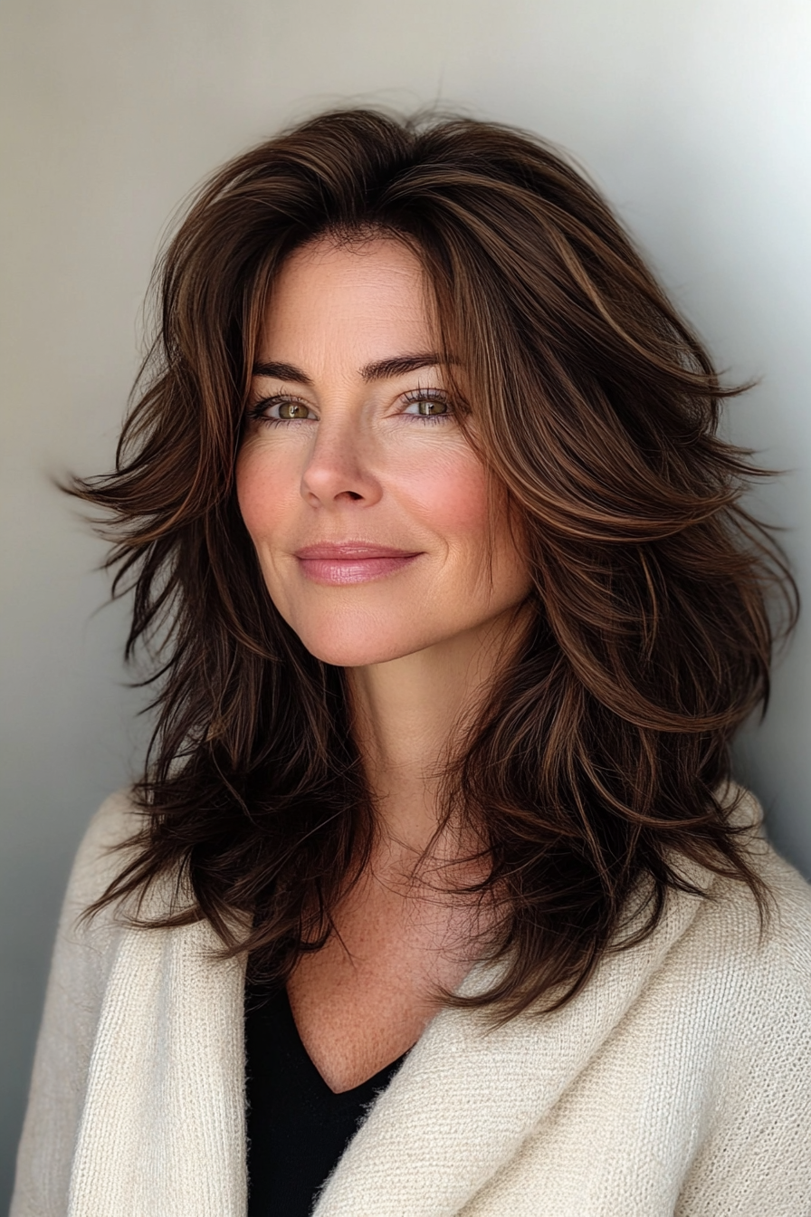 21. Gefiederter Mahagoni-Schulterschnitt (Brünette Frisuren für Frauen über 50) – Brünette Frisuren für Frauen über 50