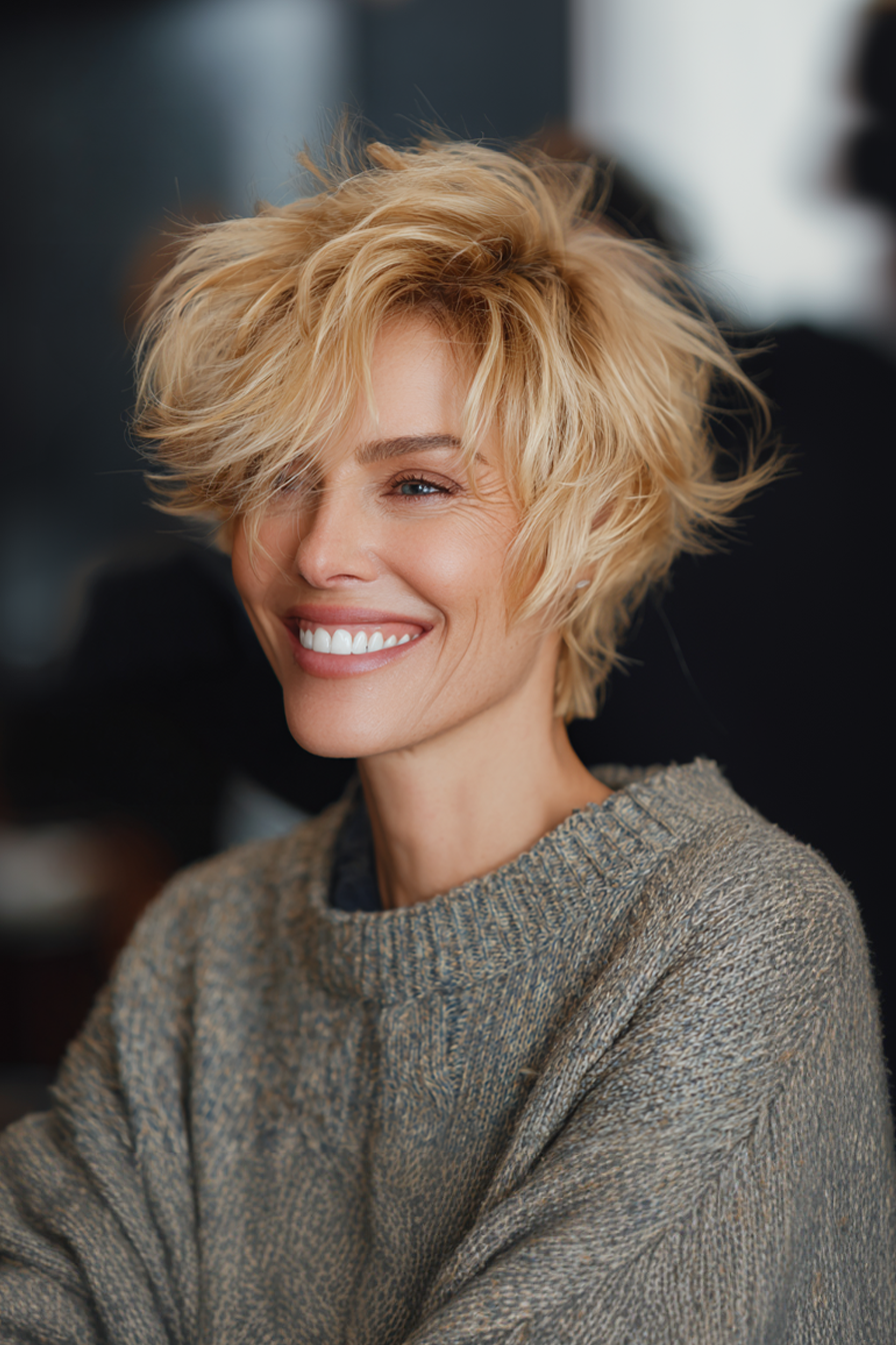 21. Federpixie mit goldener Blondine (jugendliche Haarschnitte für Frauen über 50) - jugendliche Haarschnitte für Frauen über 50