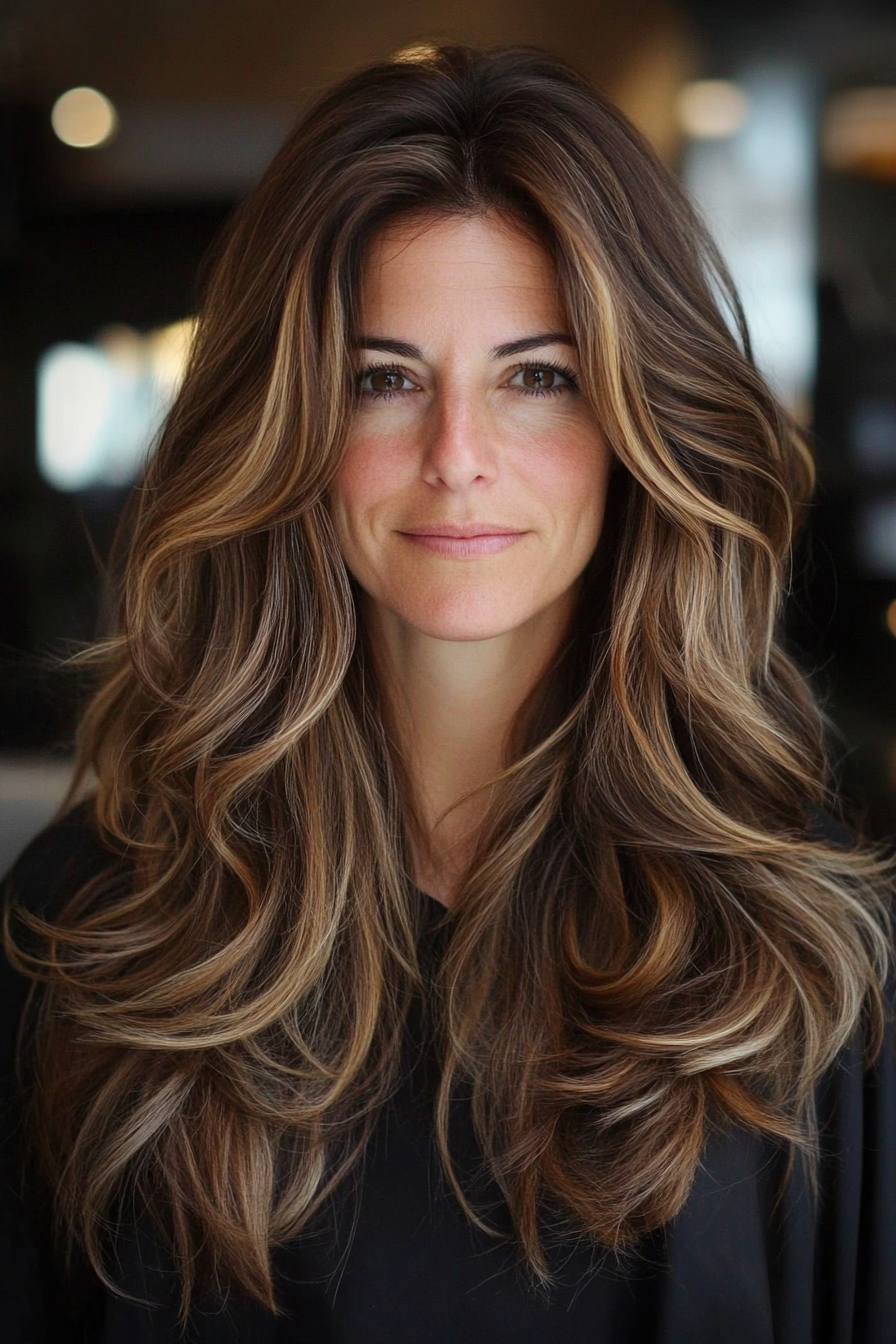 21. Haselnuss lange wellige Schichten (Frisuren für Frauen über 40 mit langen Haaren) - Frisuren für Frauen über 40 mit langen Haaren