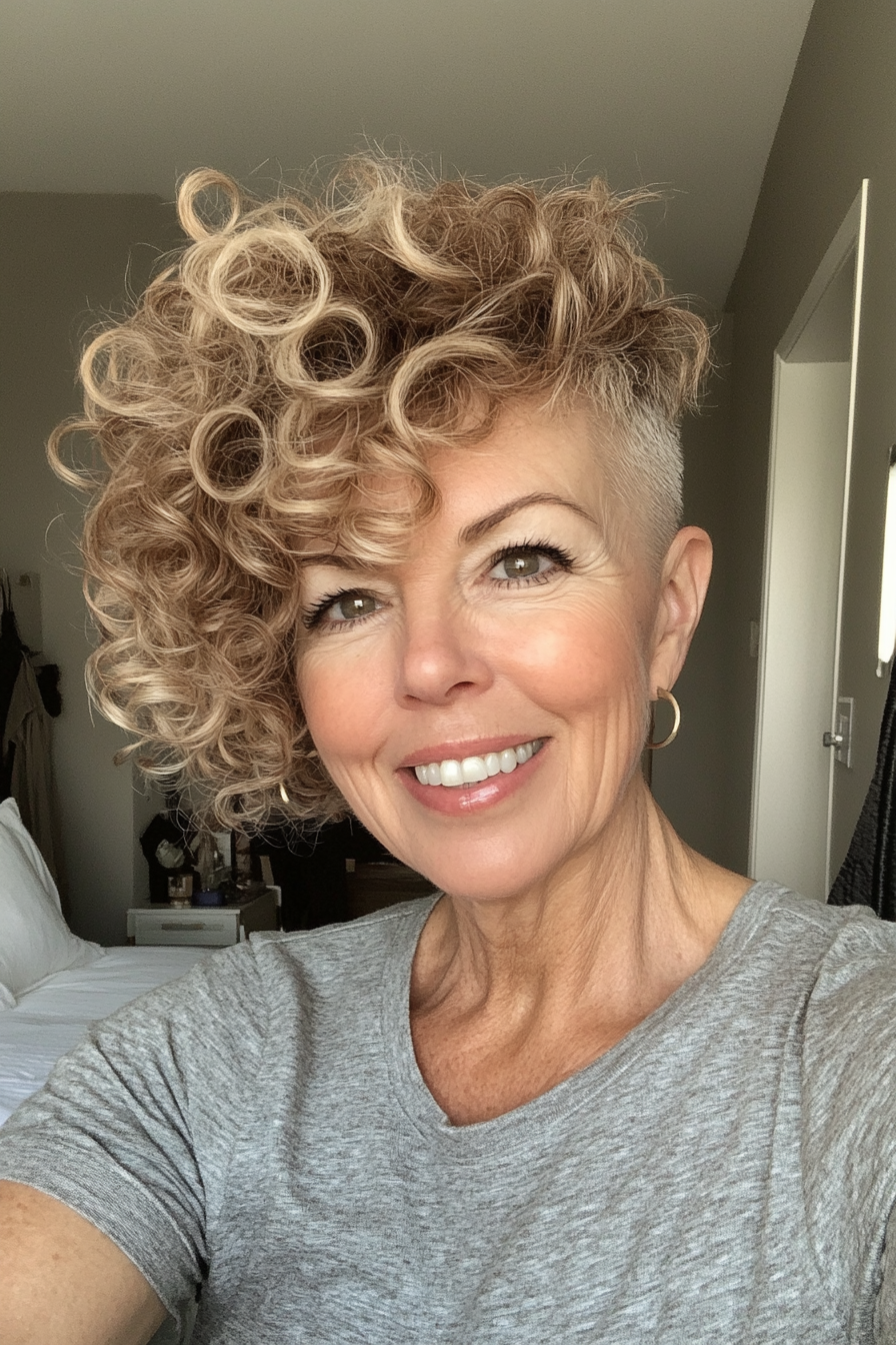 21. Honigblonde Curly Crop mit rasierten Seiten (kantige Frisuren für Frauen über 60) - kantige Frisuren für Frauen über 60