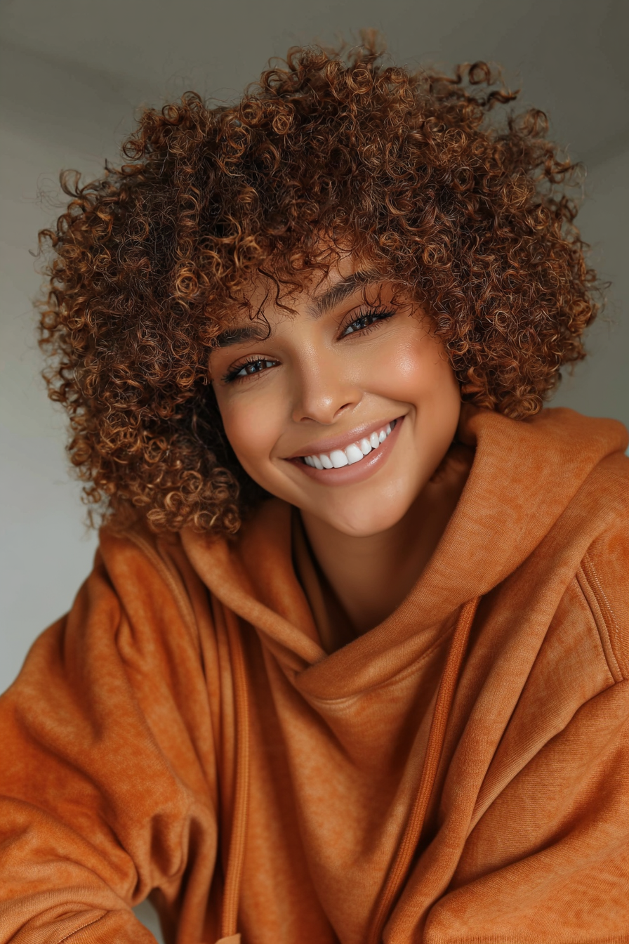 21. Honigbronze Coily Puff Bob (kurze lockige Haarschnitte für Frauen) - kurze lockige Haarschnitte für Frauen