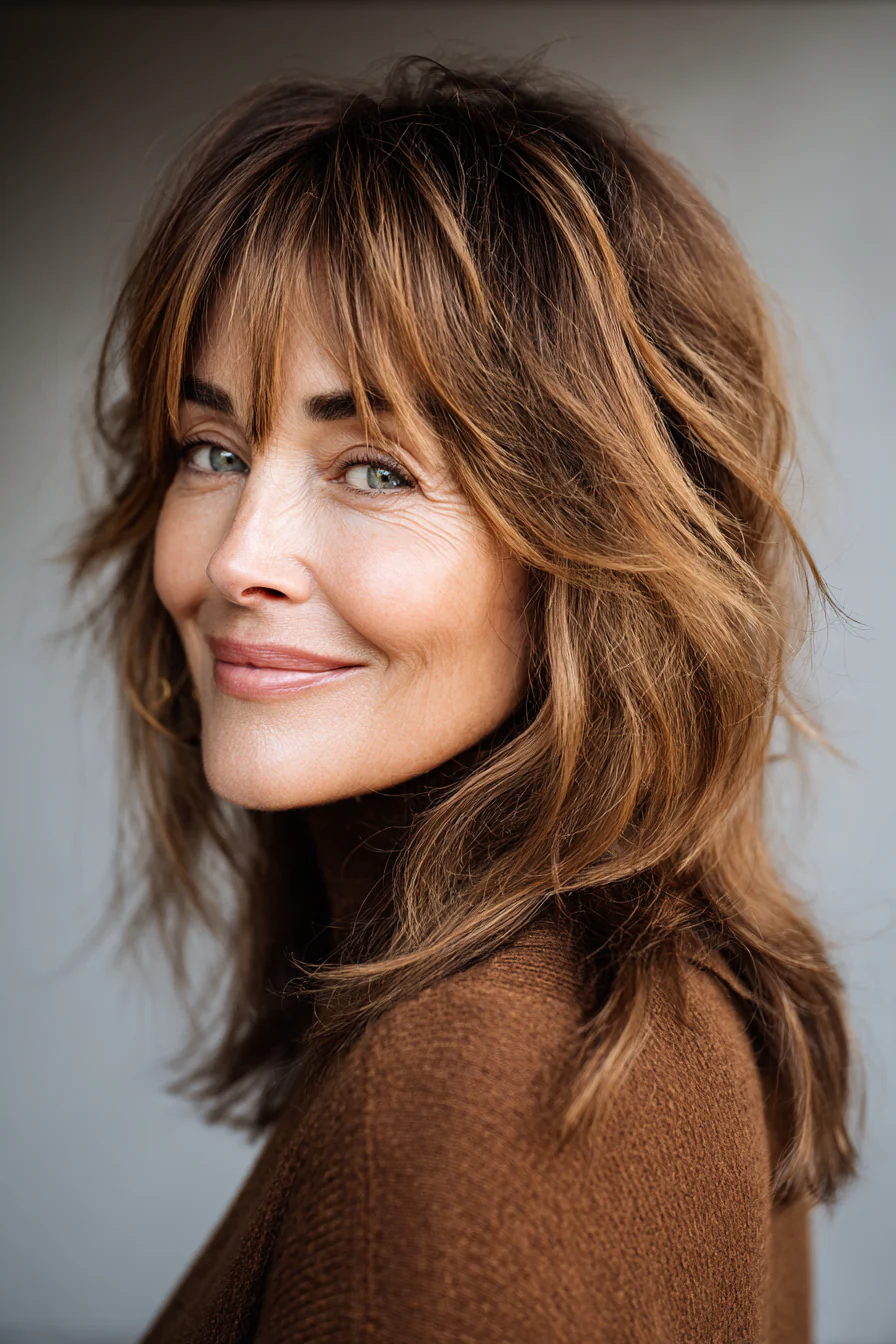 21. Honigbrauner geschichteter Shag mit langen Schichten (Trendfrisuren für Frauen über 60) – Trendfrisuren für Frauen über 60