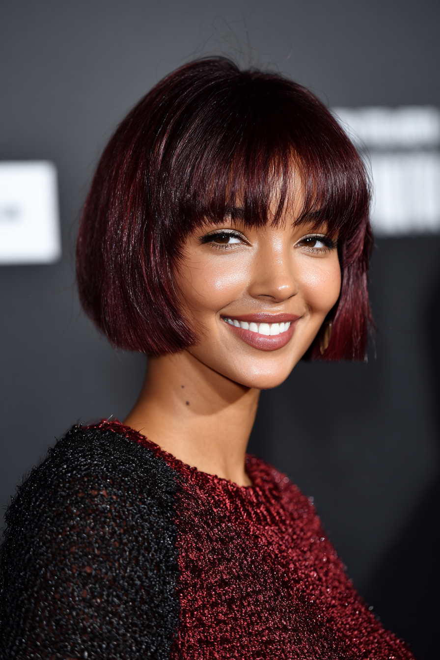 21. Umgekehrter Bob mit Peekaboo Pony in schwarzer Kirsche (kurze Bob -Frisuren mit Pony) - kurze Bob -Frisuren mit Pony