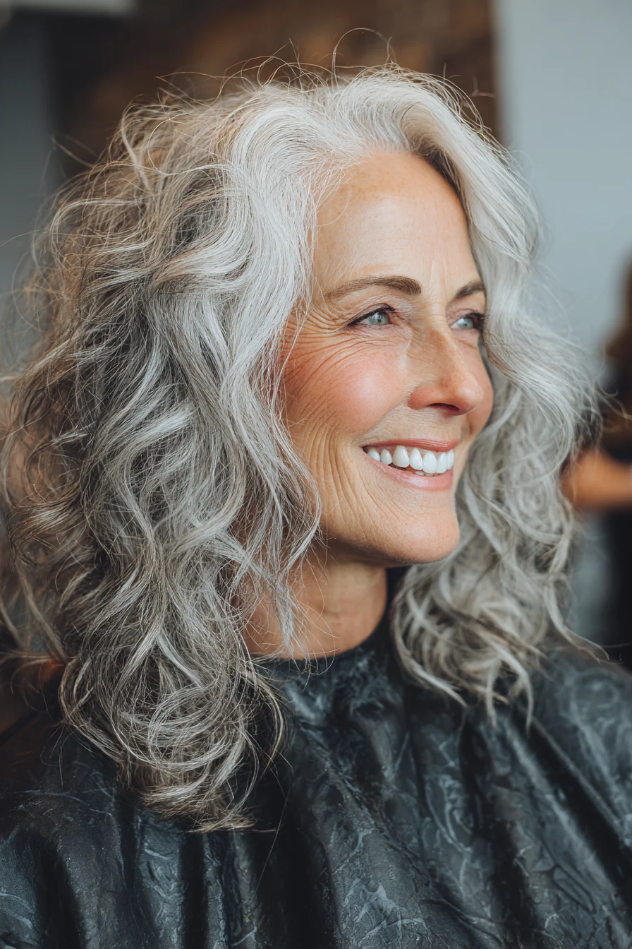 21. Geschichtete Locken mit mattgrauen Highlights (lange Frisuren für Frauen über 60) – Lange Frisuren für Frauen über 60