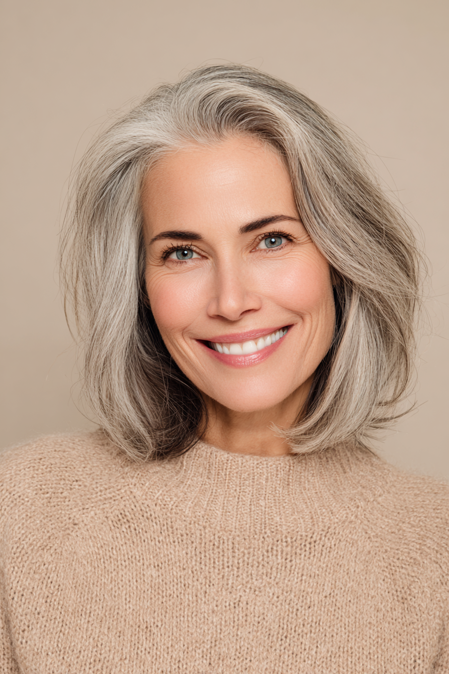 21. Layered Lob mit Gesichtskontur – Cool Beige Babylights (Mittellange Haarschnitte für Frauen über 50 mit feinem Haar) – Mittellange Haarschnitte für Frauen über 50 mit feinem Haar