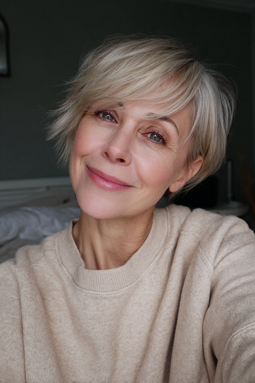 21. Layered Pixie -Bob in cremiger Beige Blonde (edele Haarschnitte für Frauen über 50) - Noble Haarschnitte für Frauen über 50