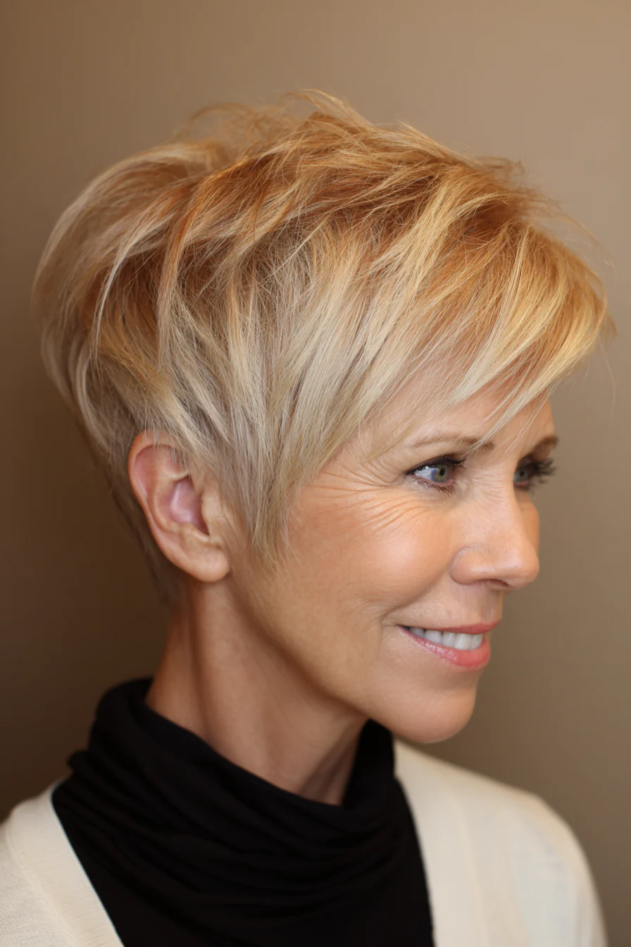 21. Stufen-Pixie mit goldblonden Spitzen (Kurzhaarfrisuren für Frauen über 50 mit feinem Haar) – Kurzhaarfrisuren für Frauen über 50 mit feinem Haar