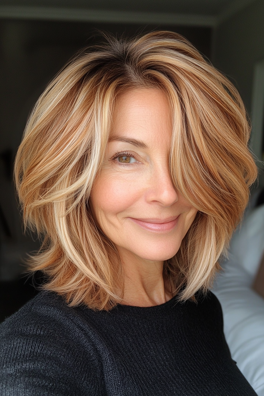 21. Layered Shaggy Bob in hellem Karamell (Ausschnitt Länge Haarschnitte für ältere Frauen) - Ausschnittslänge Haarschnitte für ältere Frauen