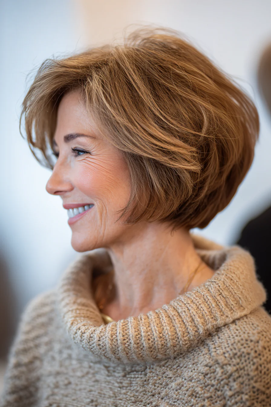 21. Lifted Crown Bob in sanftem Honigbraun (kurze mittellange Frisuren für Frauen über 50) – Kurze mittellange Frisuren für Frauen über 50