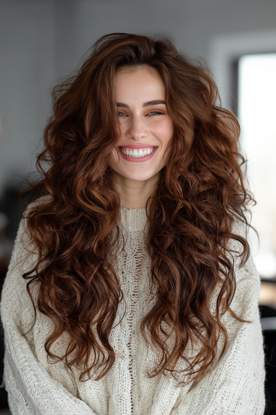 21. Lange Locken mit zimtbraunen Lowlights (lange Haarschnitte für ovales Gesicht) - lange Haarschnitte für ovales Gesicht