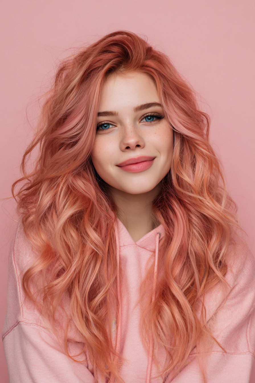 21. Lange geschichtete Wellen mit Roségold (geschichtete Frisuren) - Geschichtende Frisuren