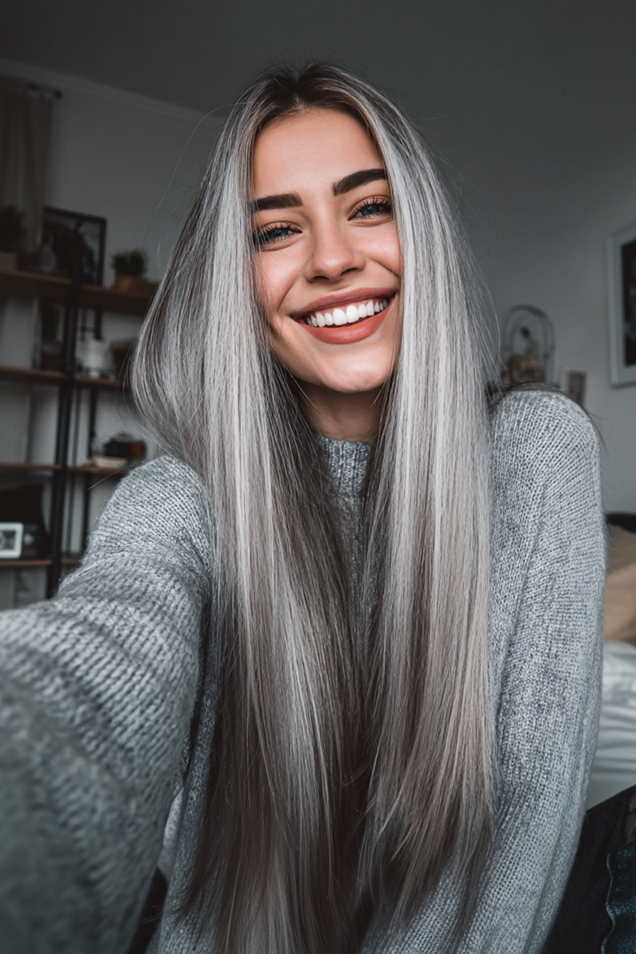 21. Langes, glattes Haar mit Silver Ash Balayage (Haarschnitte für glattes Haar) – Haarschnitte für glattes Haar