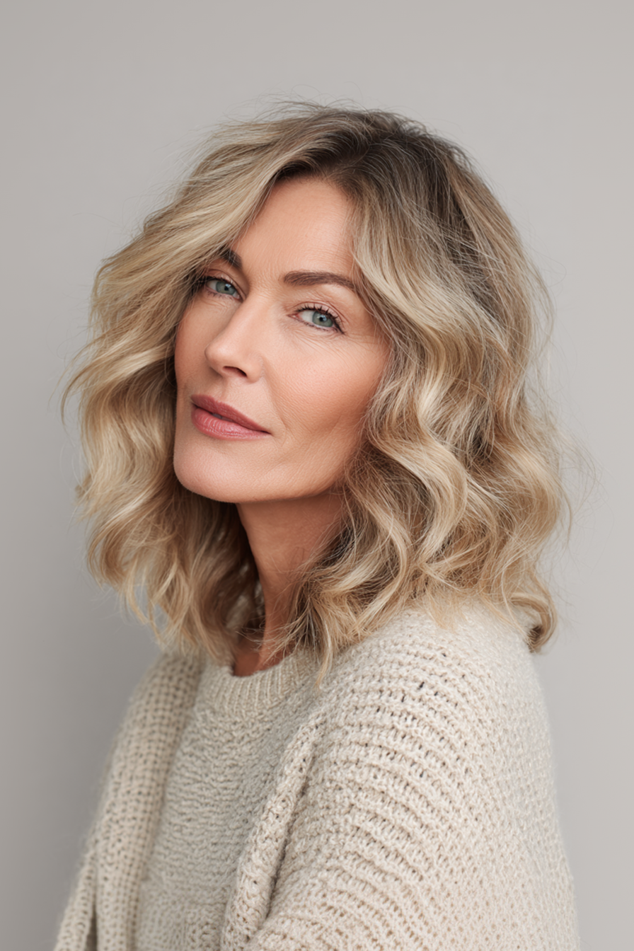 21. mittelgroße Wellen mit sandblonden Balayage (Sommerfrisuren für Frauen über 50) - Sommerfrisuren für Frauen über 50