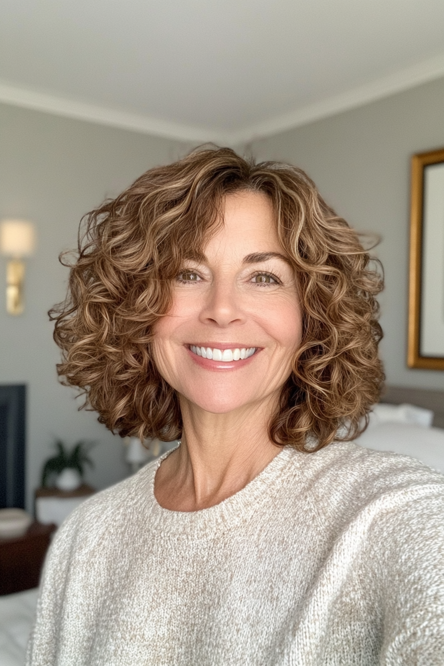 21. mittelbraune strukturierte Bob (lockige Haarschnitte für Frauen über 50) - lockige Haarschnitte für Frauen über 50