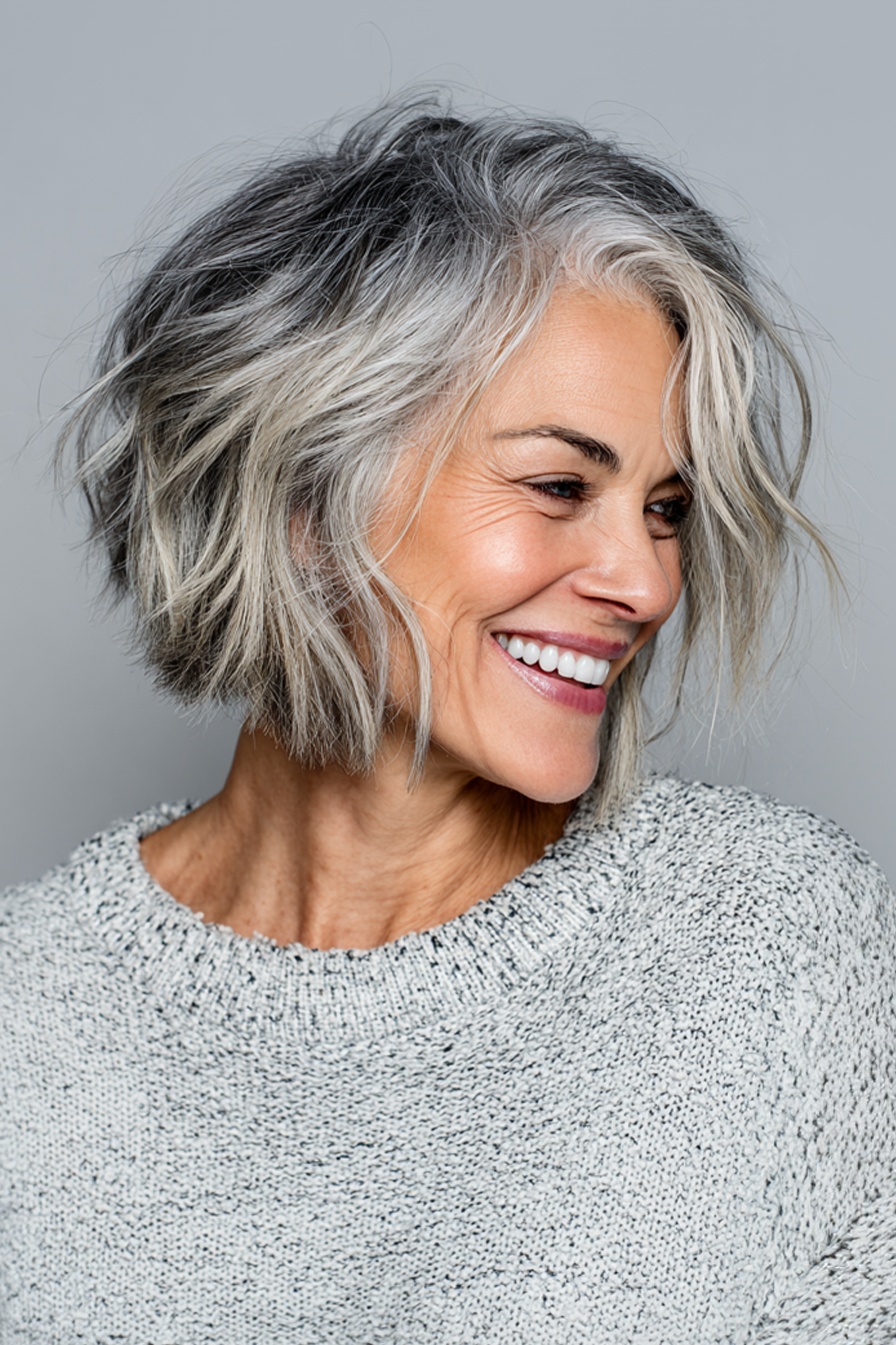 21. Messy Layered Bob in Salz-und-Prepper-Mischung (kurze Bob-Haarschnitte für Frauen über 50)-kurze Bob-Haarschnitte für Frauen über 50