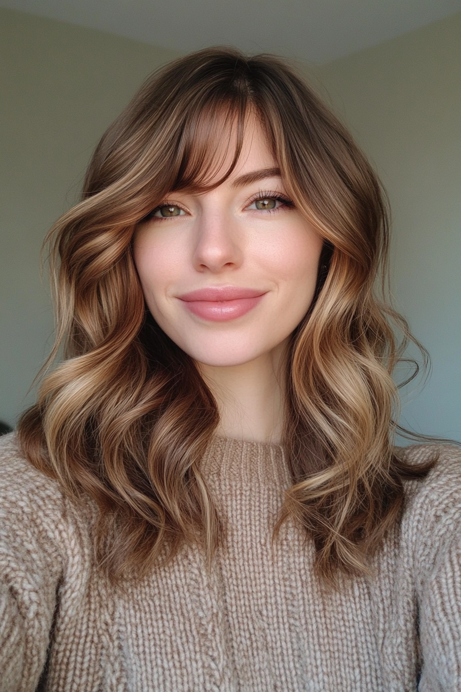 21. Mid -Back -Wellen in coolen Toffee (wellige Haarschnitte mit Vorhangstücken) - wellige Haarschnitte mit Vorhangstücken