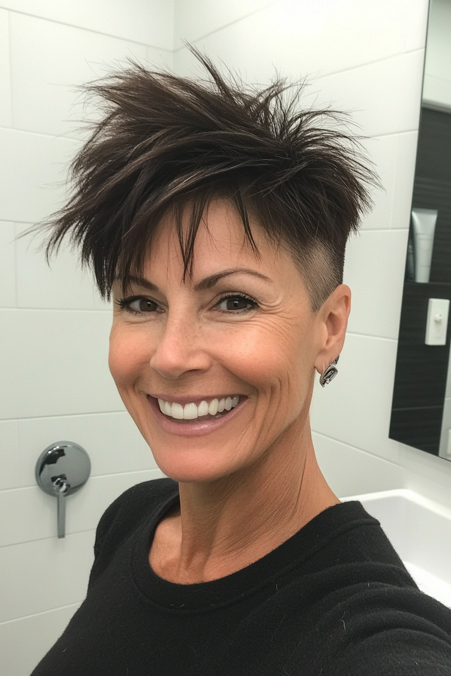21. Moderne brünette stachelige Ernte mit Seitenunterschneide (kurze, stachelige Frisuren für ältere Frauen) - kurze Spiky -Frisuren für ältere Frauen