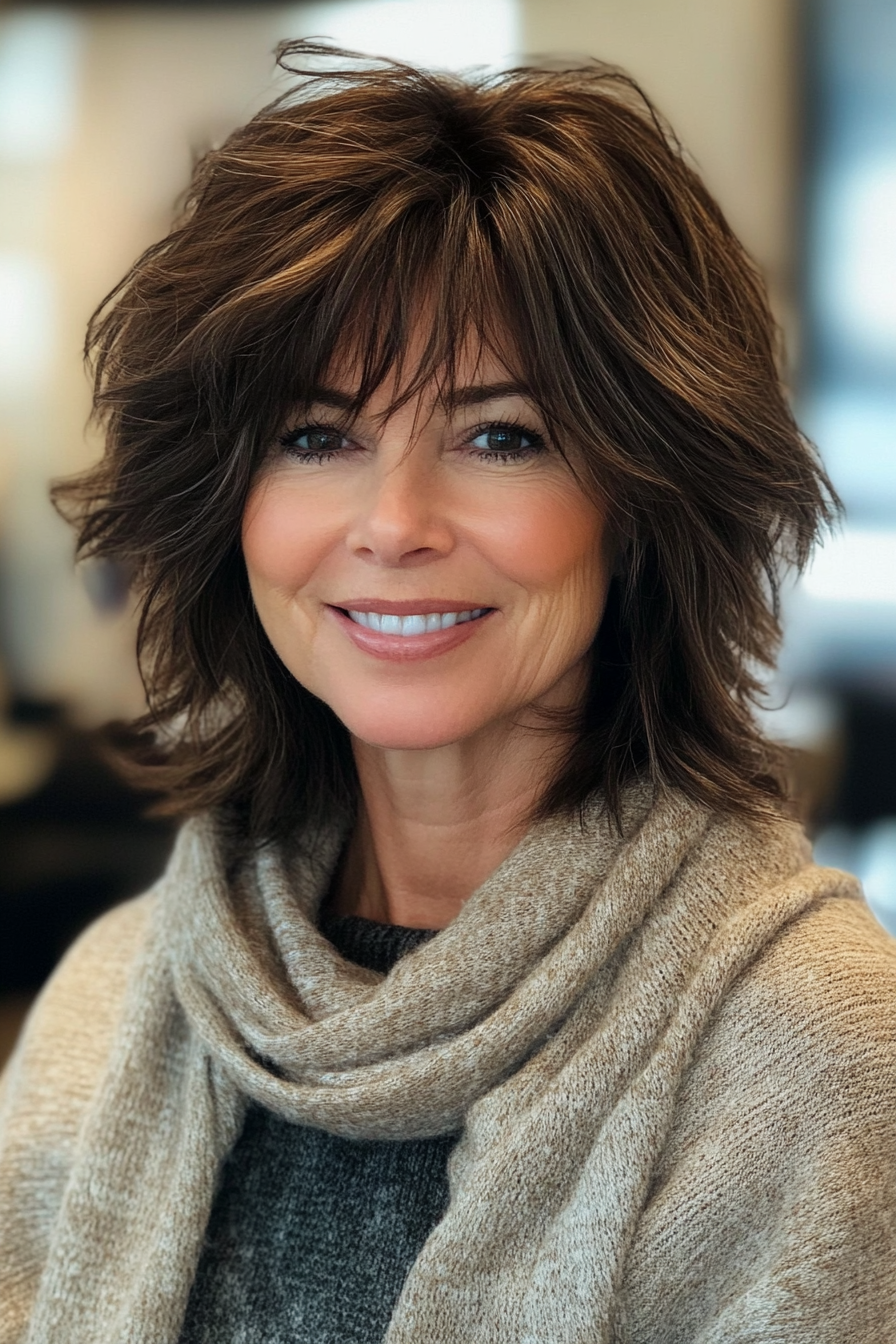 21. Natural brünettes Kinnlängen -Shag (zottelige Hakenfrisuren für Frauen über 50) - Shaggy Layered Frisuren für Frauen über 50