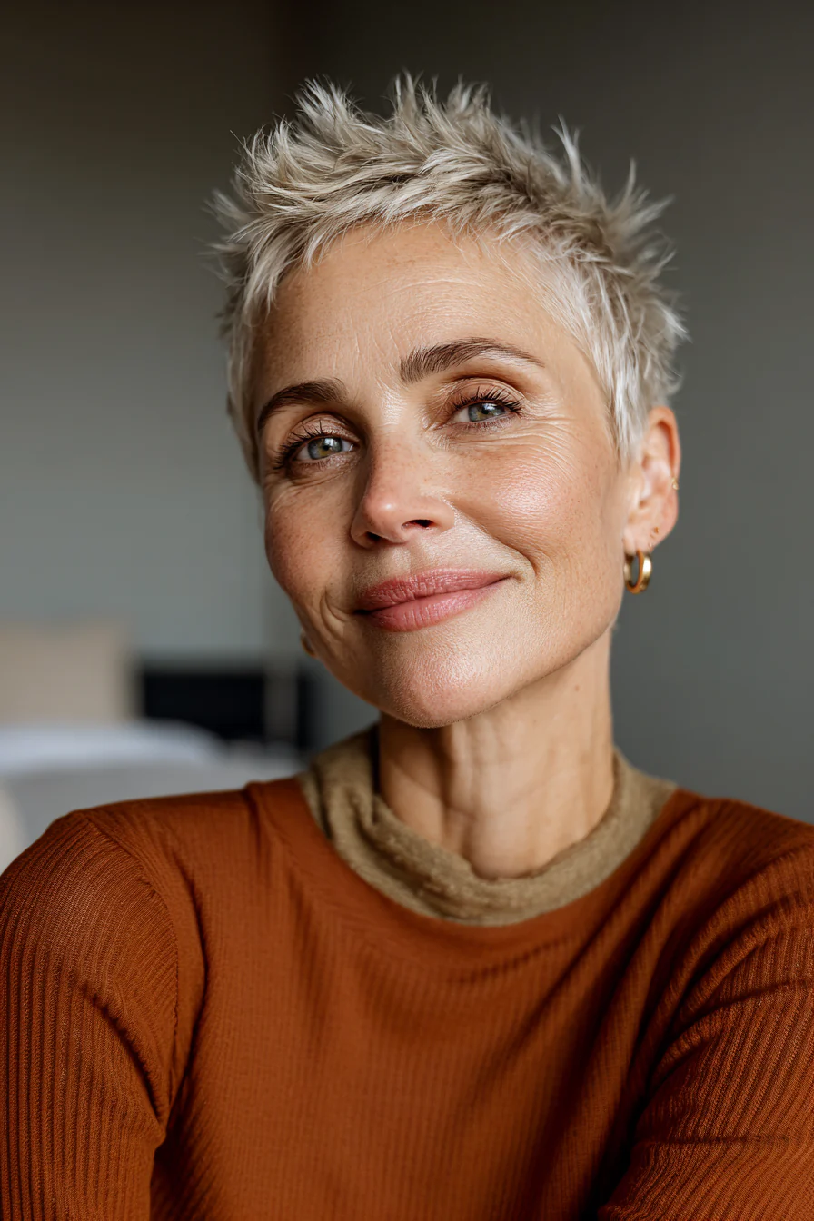 21. Neutralblonder, rasiermesserscharfer Schnitt (Stachelige Haarschnitte für Frauen über 50) – Stachelige Haarschnitte für Frauen über 50