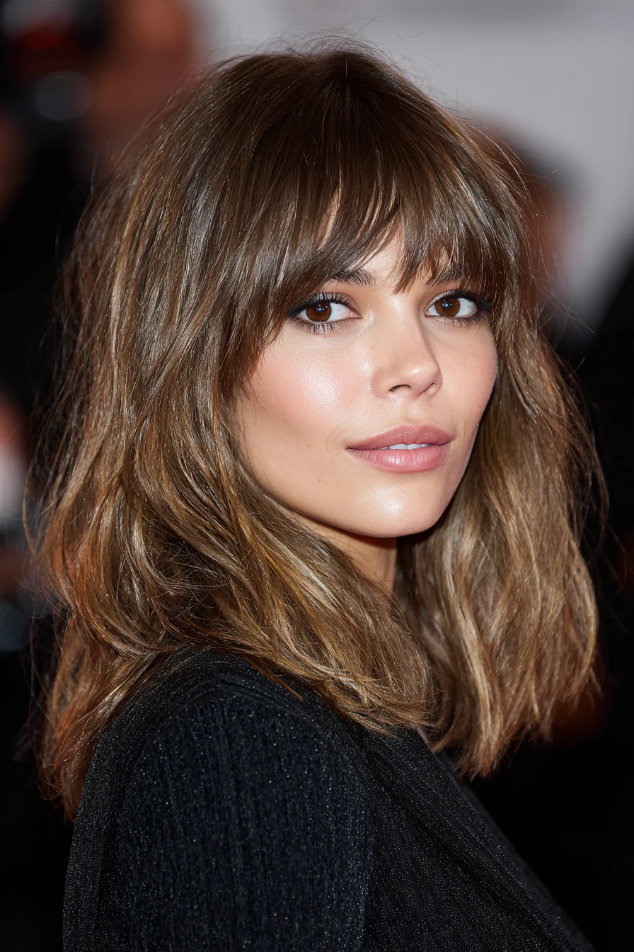 21. Neutralbrauner Schlüsselbein-Shag mit Pony (Stufenfrisuren für dünnes Haar) – Stufenfrisuren für dünnes Haar