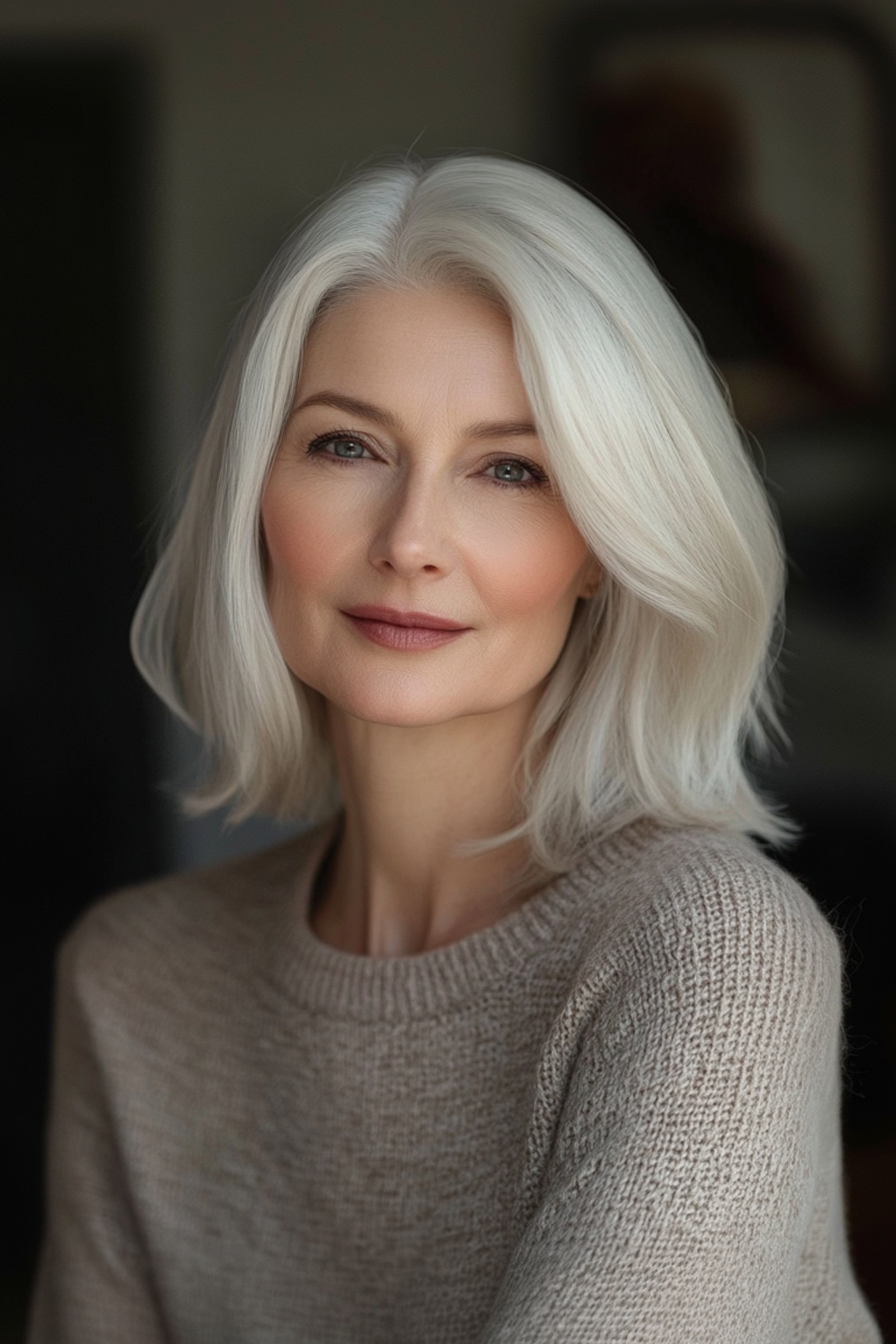 21. Perlblond Blunt Lob (mittelgroße Haarschnitte für Frauen über 60) - Haarschnitte mit mittlerer Länge für Frauen über 60