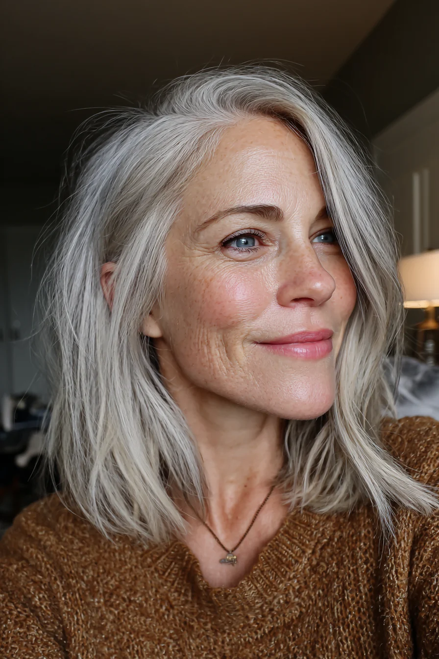 21. Perlblonder mittellanger Schnitt mit spitz zulaufenden Enden (Haarschnitte für Frauen über 50 mit glattem Haar) – Haarschnitte für Frauen über 50 mit glattem Haar