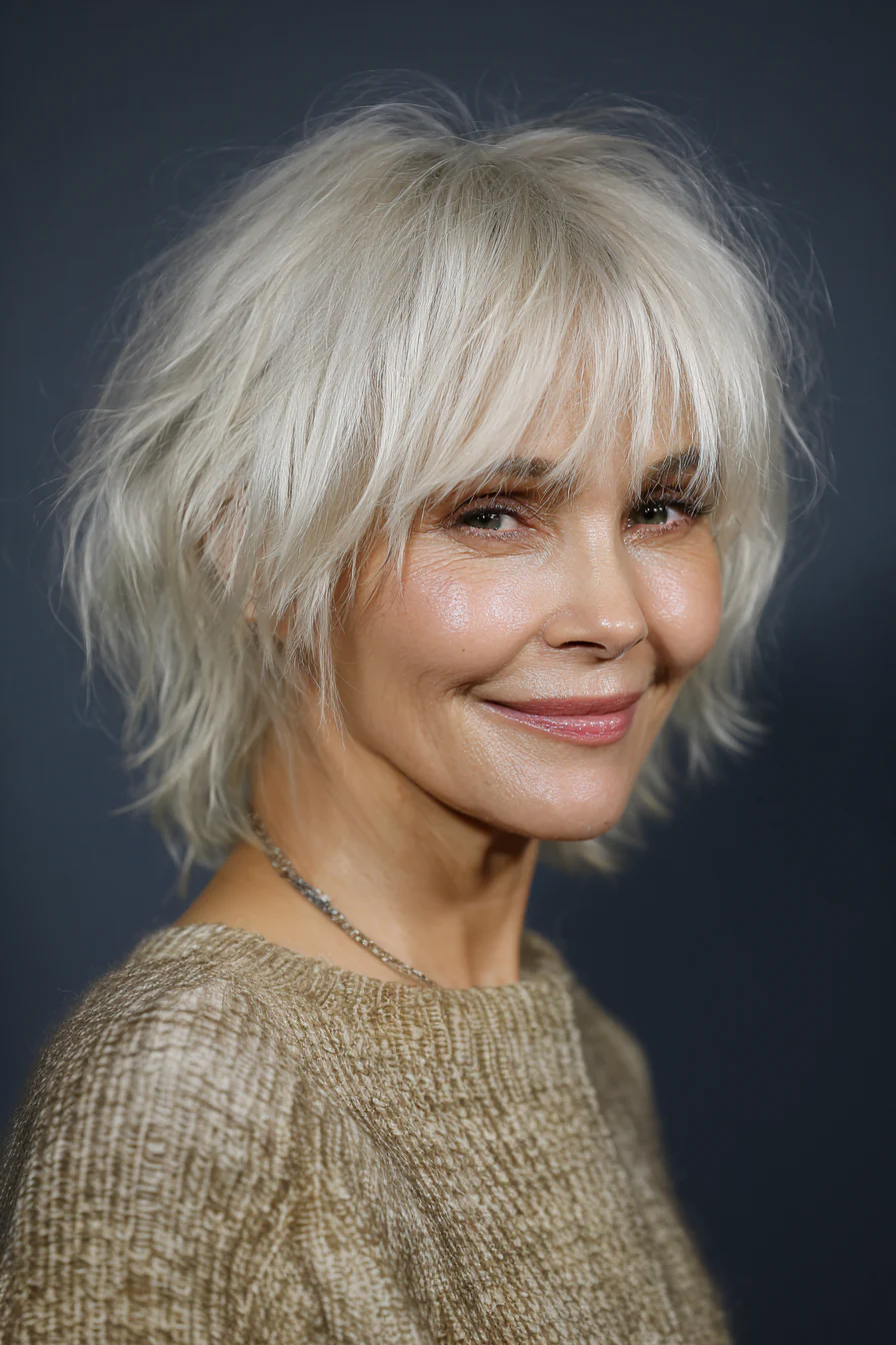21. Platinum Rooted Shag mit zarten Fransen (kurze zottelige Frisuren für ältere Frauen) – Kurze zottelige Frisuren für ältere Frauen