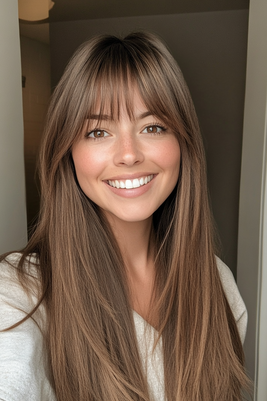 21. poliertes Walnussbraun geschnitten mit langen Fransen (glatte Haarhaarschnitte) - glattes Haar Haarschnitte