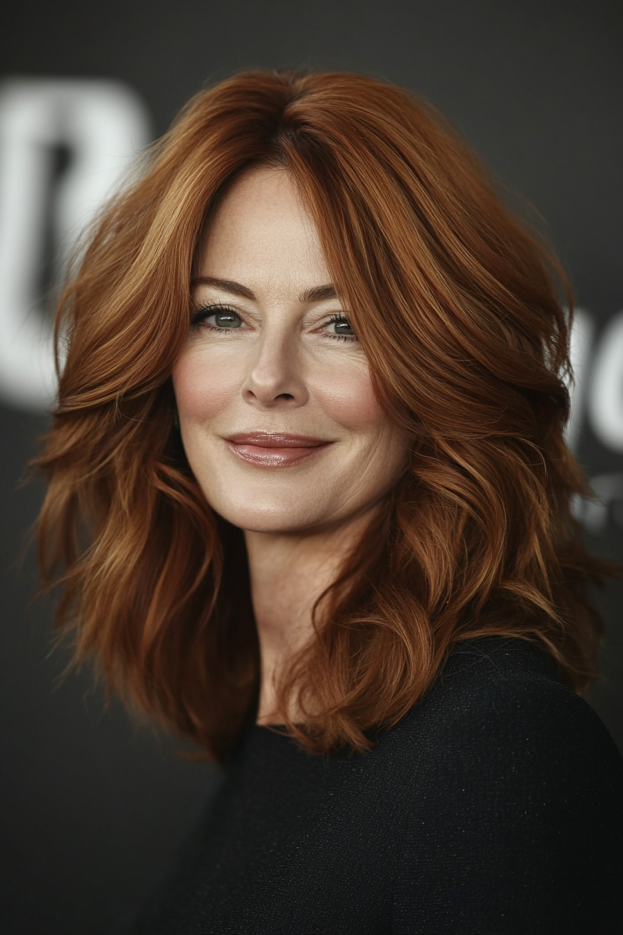 21. Rotbraunes Flip mit mittlerer Länge (trendige Haarschnitte für Frauen über 40) - trendige Haarschnitte für Frauen über 40