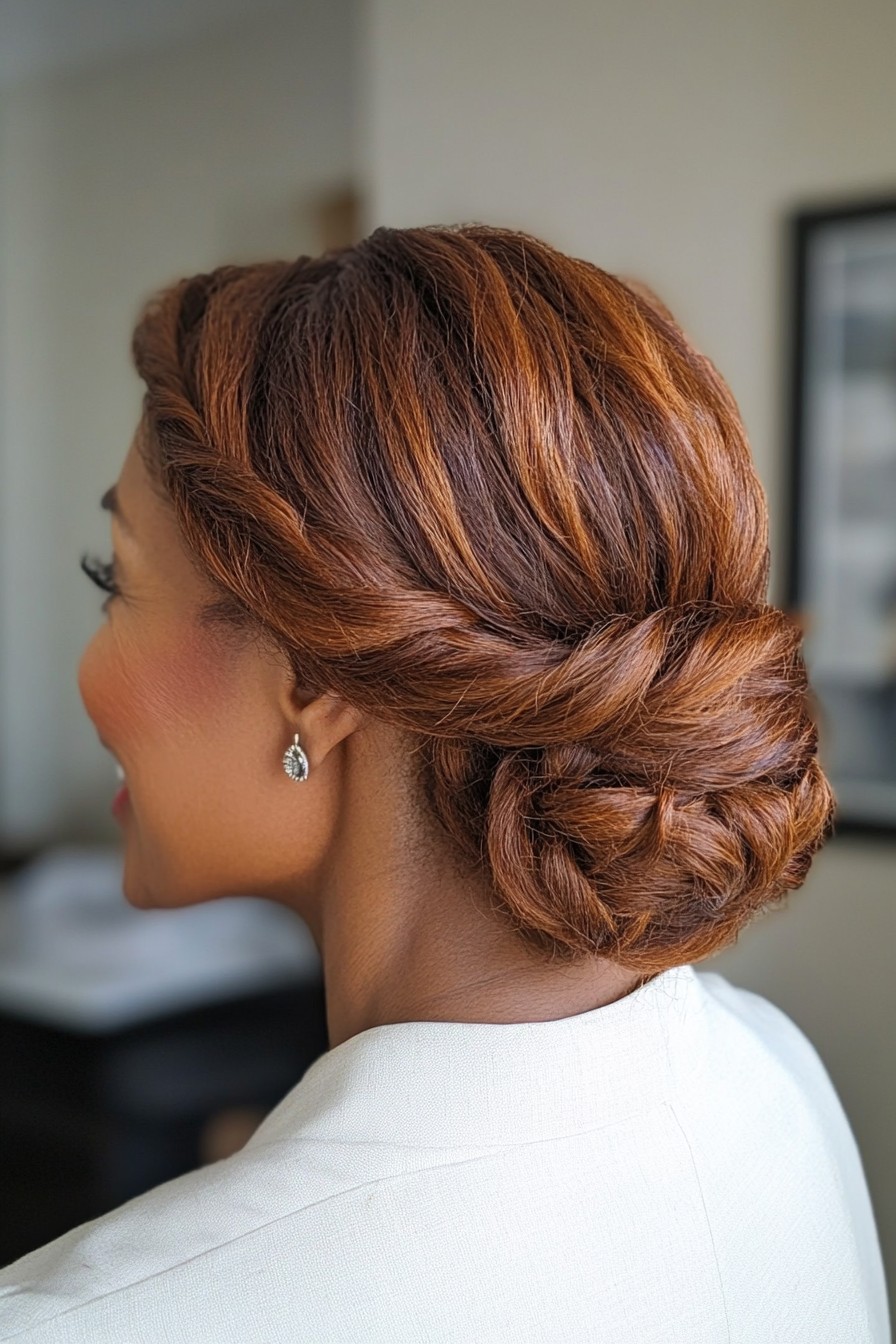 21. gerollte Niedrigwendung in sanftem Auburn (Hochsteckfrisur für Frauen über 50) - Hochsteckfrisur für Frauen über 50