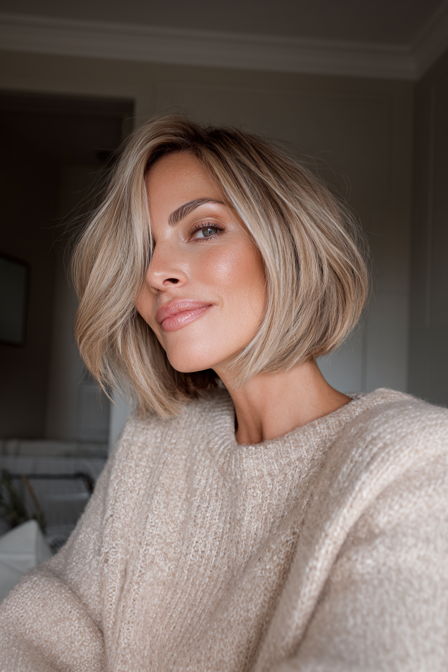 21. geformte Bob mit Babylichten in Beige Blonde (Kinnlänge Haarschnitte für ältere Frauen) - Haarschnitte für ältere Frauen Kinnlänge