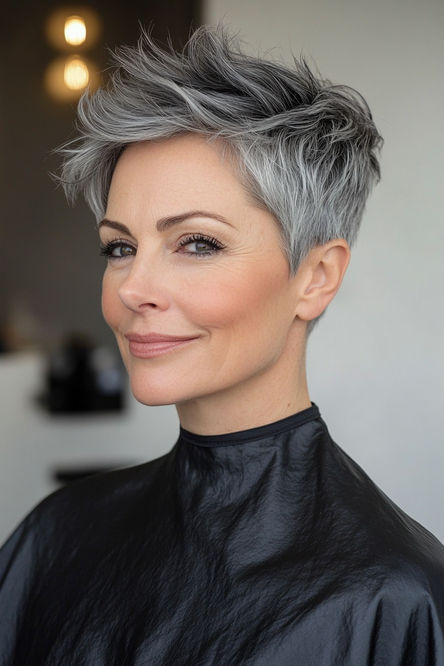 21. Skulptierte Salz- und Pfefferpixier mit schwarzen Randkanten (Salz- und Pfefferfrisuren für Frauen über 50) - Salz- und Pfefferfrisuren für Frauen über 50